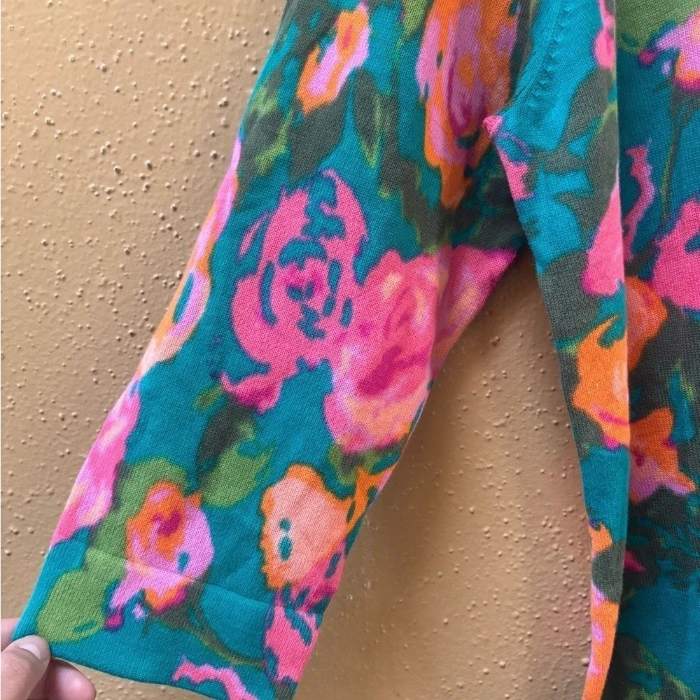 Isaac Mizrahi Live Womens Floral Cardigan Teal Pink Orange Button Front Large - Picture 4 of 5